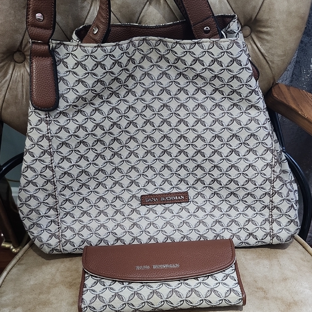 Dana Buchman Tan and Brown Patterned Tote with Wallet